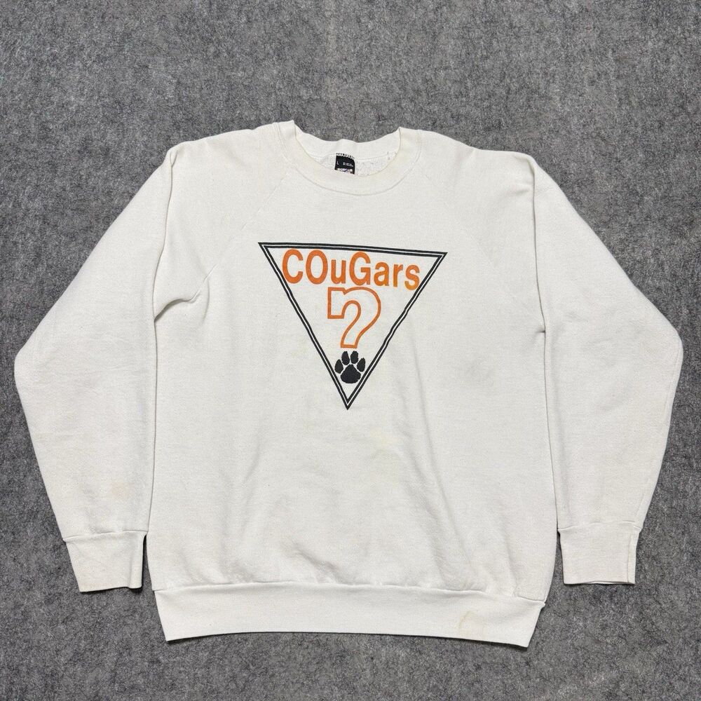 Vtg 80s Screen Stars Cougars Crewneck Sweatshirt Large White Guess Style Graphic